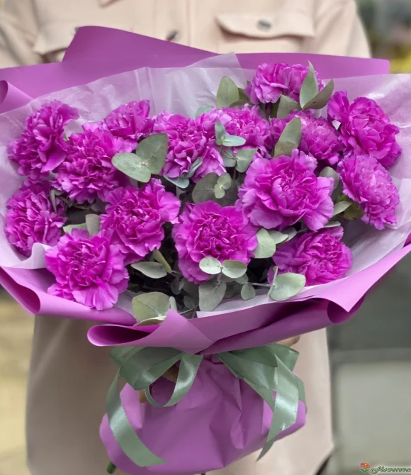 Букет гвоздик сорта Фарида (Carnation Farida) с эвкалиптом Цинерия